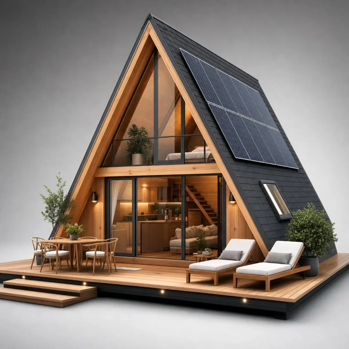 Chalé A-frame ilustrativo com painéis solares no telhado
