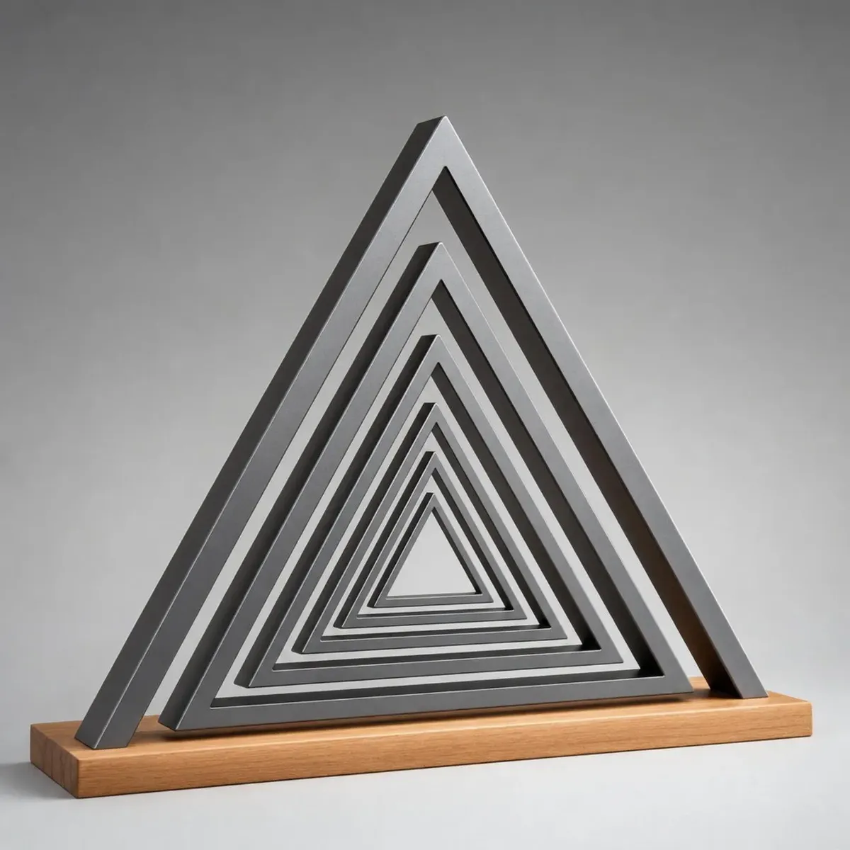 Objeto decorativo triangular em metal e madeira, enviado junto às referências