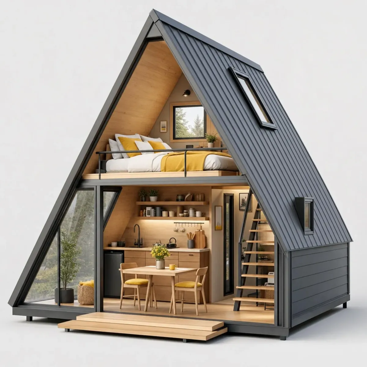 Vista interna ilustrativa de chalé A-frame com mezanino