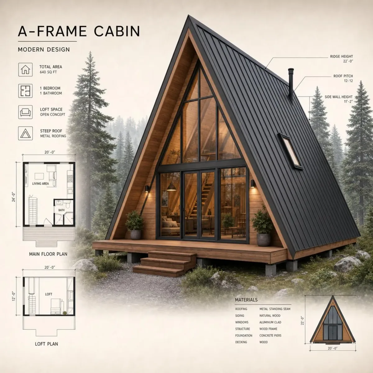 Prancha de referência de projeto de cabana A-frame
