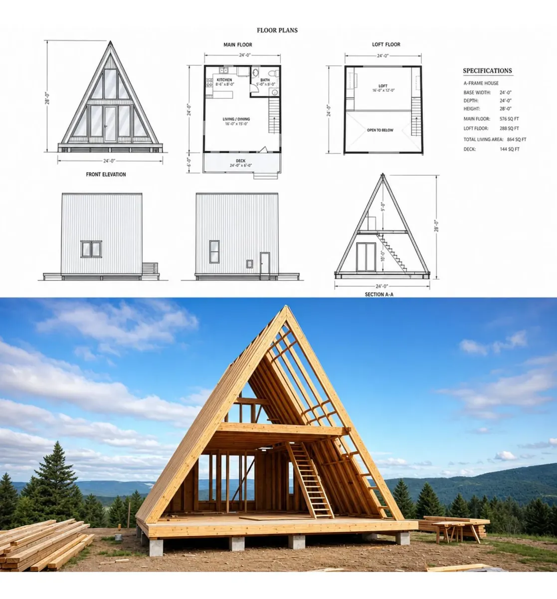 Elevações e plantas ilustrativas de uma casa A-frame